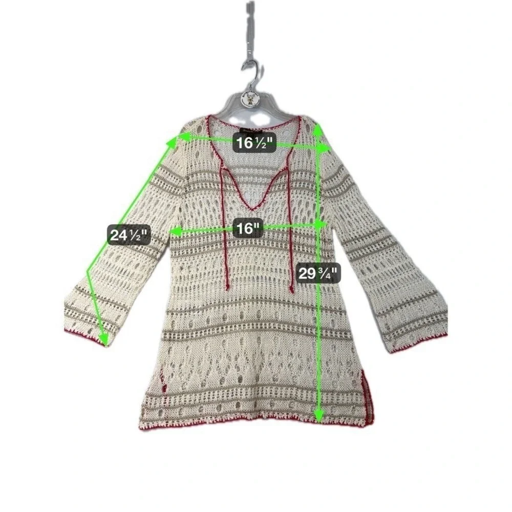 Tommy Bahama‎ Women's Crochet Knit Tunic Top L/G Beige Tan Red V-Neck